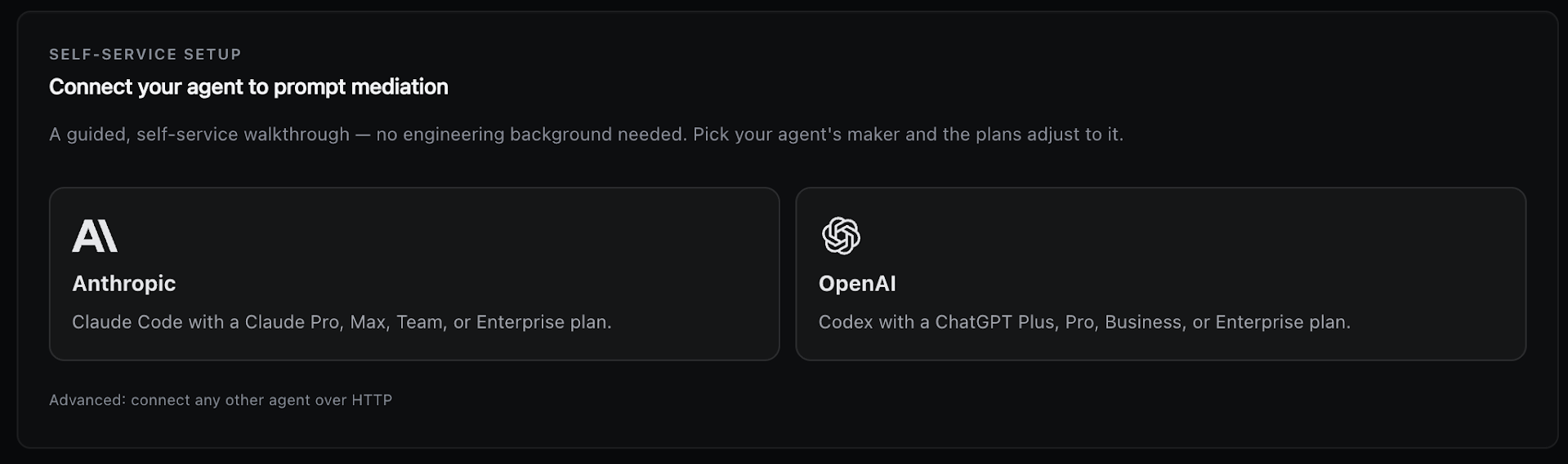 Outer Syntax self-service setup offers guided prompt mediation connections for Claude Code and Codex plus an HTTP option.