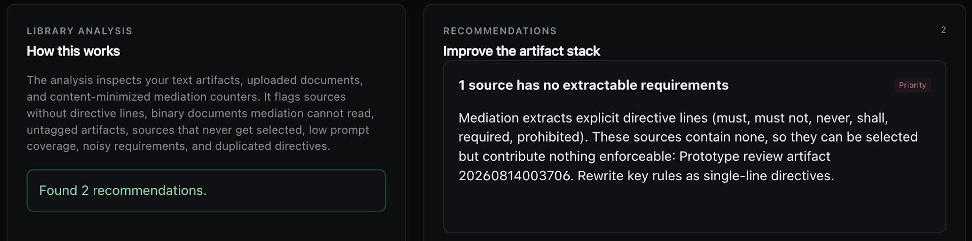 Outer Syntax library analysis identifies two recommendations and prioritizes an example workspace source with no extractable directive requirements.
